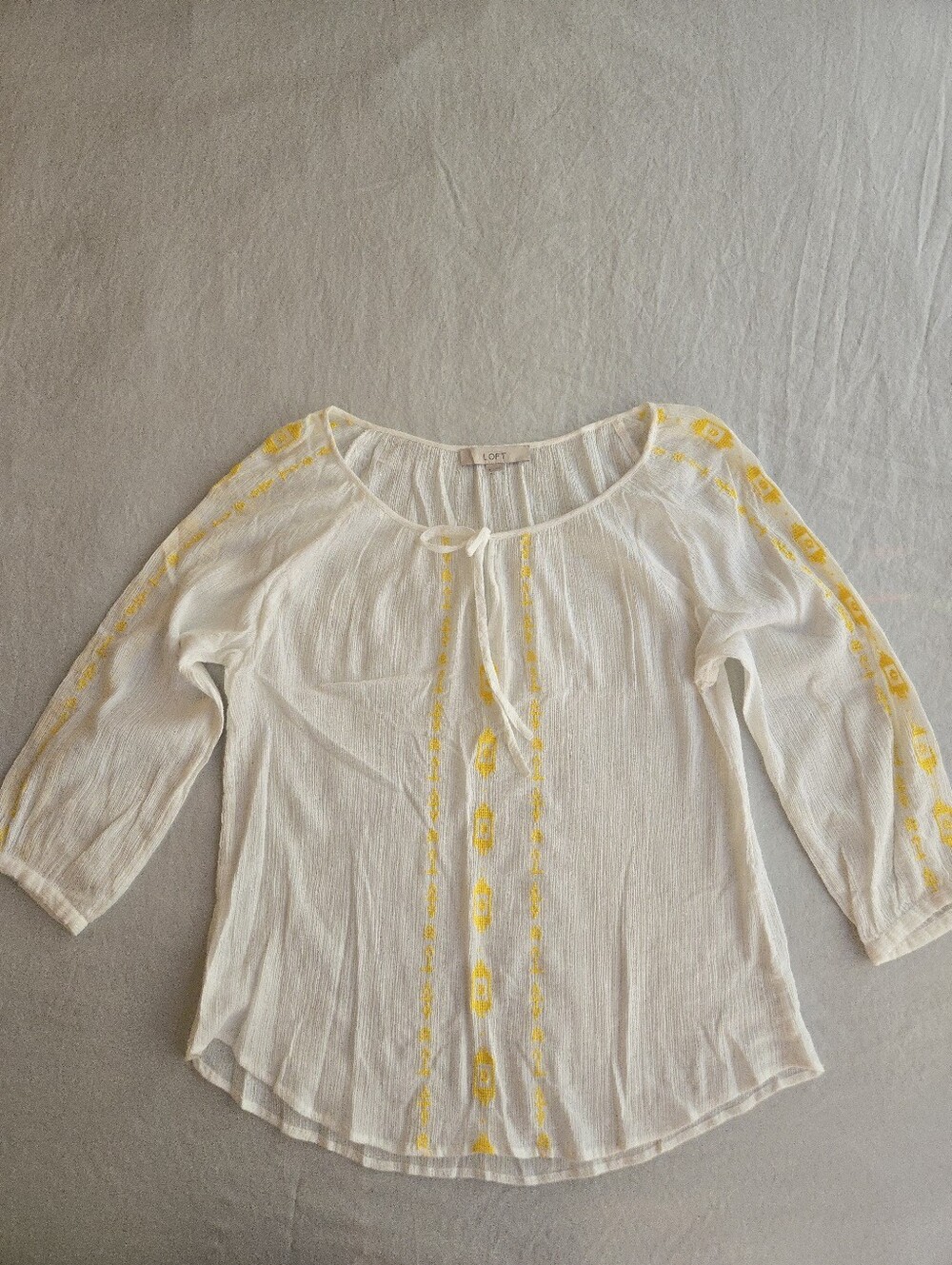 LOFT White Bow Neck Peasant Blouse Yellow Embroidery Sheer Textured Cotton EB5